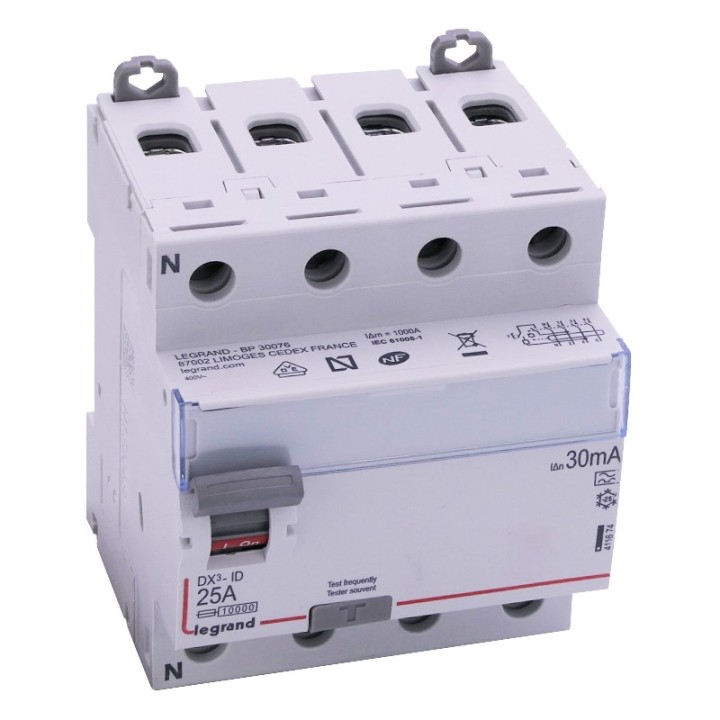 Legrand - Inter diff DX³-ID - vis/vis - 4P - 400V~ - 25A - type A - 30mA - départ bas - 4M - Réf : 411674