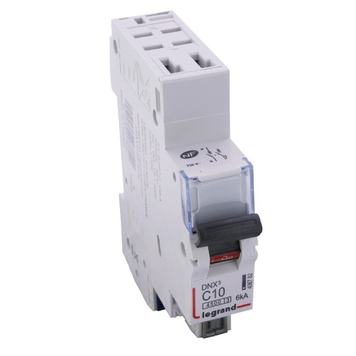Legrand - Disjoncteur DNX³ 4500 - auto/auto - U+N 230V~ 10A - 4,5kA - courbe C - 1 module - Réf : 406782