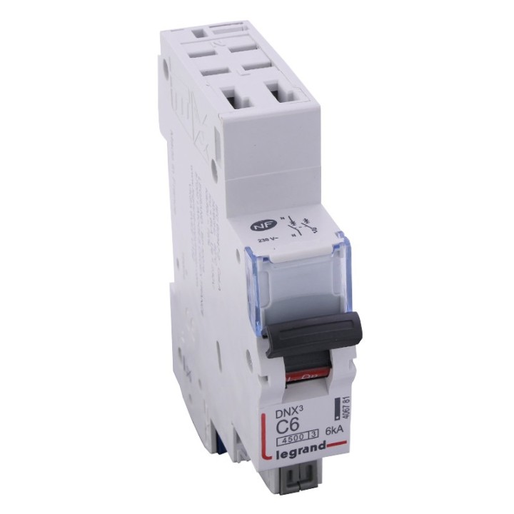 Legrand - Disjoncteur DNX³ 4500 - auto/auto - U+N 230V~ 6A - 4,5kA - courbe C - 1 module - Réf : 406781
