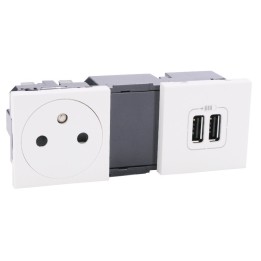Legrand Mosaic - Prise de courant 2P+T Surface + module de charge 2 USB typeA 2400mA - 2x2 modules - blanc - Réf: 077595