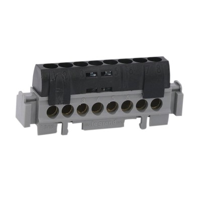 Legrand - Bornier de répartition IP 2X - phase - 8 connexions 1,5 à 16 mm²- noir- L 75 mm - Réf : 004852