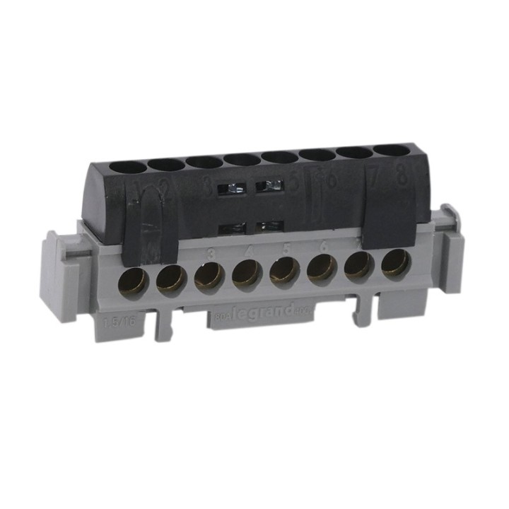 Legrand - Bornier de répartition IP 2X - phase - 8 connexions 1,5 à 16 mm²- noir- L 75 mm - Réf : 004852