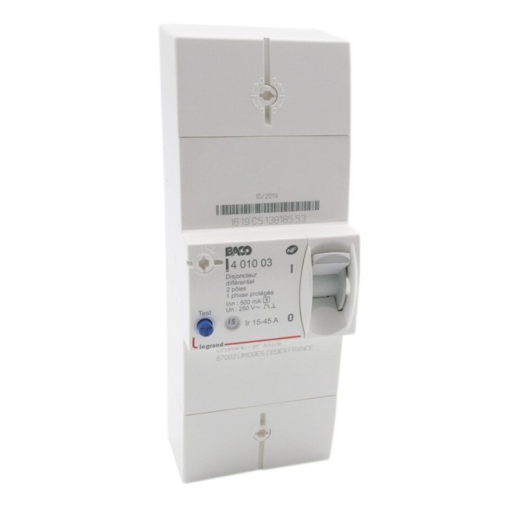 Legrand -  Disjoncteur de branchement Enedis - bipolaire différentiel 500 mA sélectif - 45 A - Réf : 401003