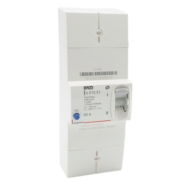 Legrand - Disjoncteur de branchement Enedis bipolaire différentiel 500mA instantané - 60A non réglable - Réf : 401051