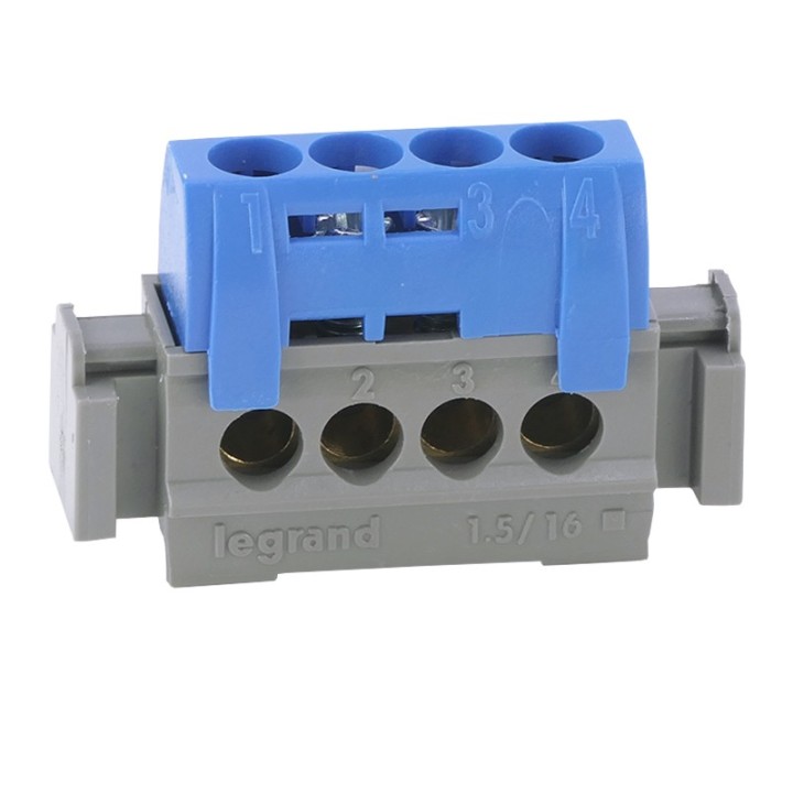 Legrand - Bornier de répartition isolé IP2X neutre - 4 connexions 1,5mm² à 16mm² - bleu - longueur 75mm - Réf : 004840