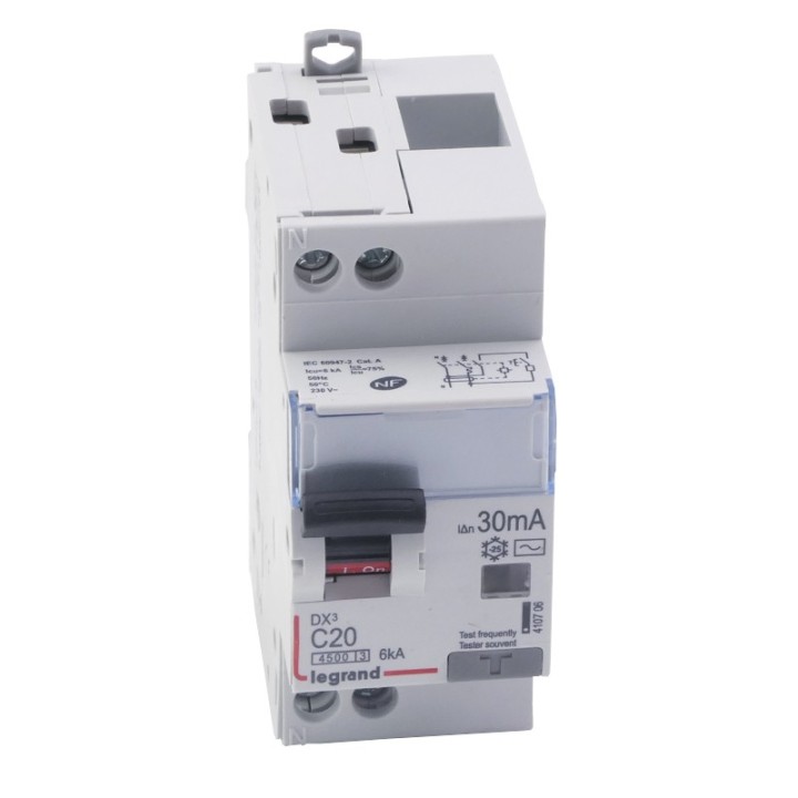 Legrand - Disjoncteur différentiel DX³4500 - vis/vis - U+N 230V~ - 20A typeAC 30mA - courbe C - 2 modules - Réf : 410706