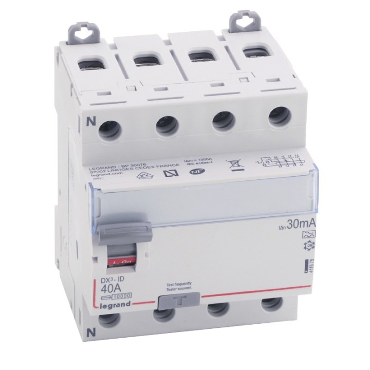 Legrand - Inter diff DX³-ID - vis/vis - 4P - 400V~ - 40A - type A - 30mA - départ bas - 4M - Réf : 411675