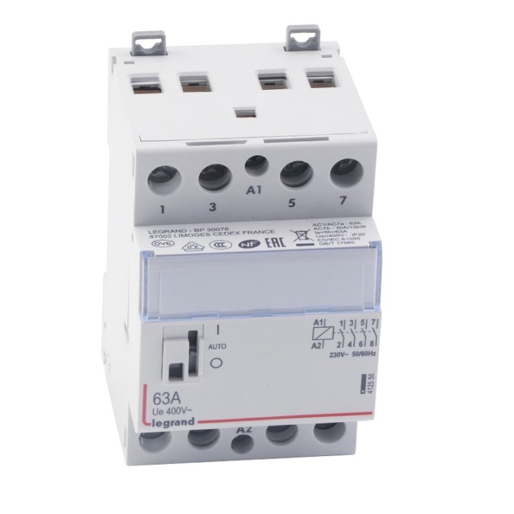 Legrand - Contacteur de puissance bobine 230 V~ - 4P - 250 V~ - 63 A - 4F - 3 modules - Réf : 412556