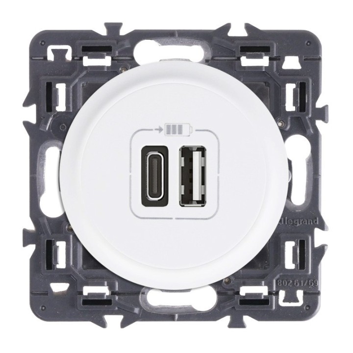 Legrand Céliane - Prise double chargeur USB - Type-A et C - Ensemble Blanc à composer - Réf : ZB046