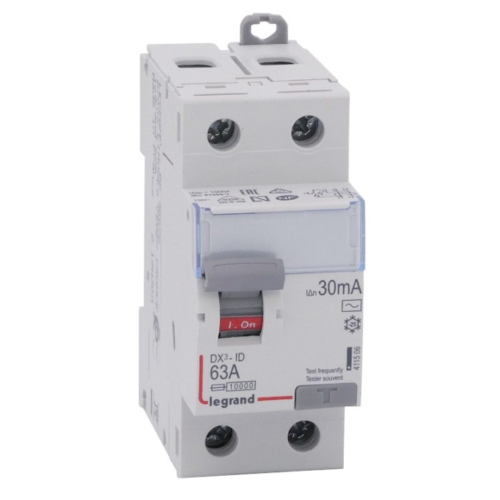 Legrand - Inter diff DX³-ID - vis/vis - 2P- 230V~ - 63A - type AC - 30mA - départ bas - 2M - Réf : 411506