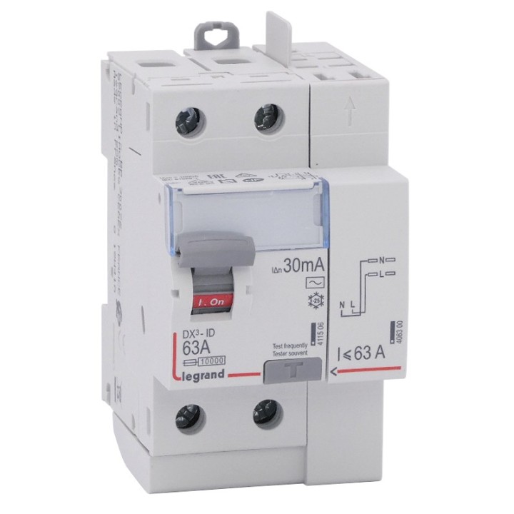 Legrand - Inter diff DX³-ID - vis/auto - 2P - 230V~ - 63A - type AC - 30mA - départ haut - 3M - Réf : 411633