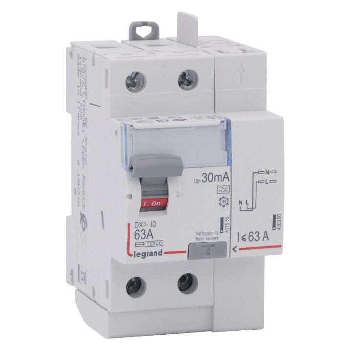 Legrand - Inter diff DX³-ID - vis/auto - 2P - 230V~ - 63A - type A - 30mA - départ haut - 3M - Réf : 411639