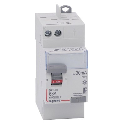 Legrand - Inter diff DX³-ID - vis/auto - 2P - 230V~ - 63A - type AC - 30mA - départ haut - 2 M - Réf : 411650