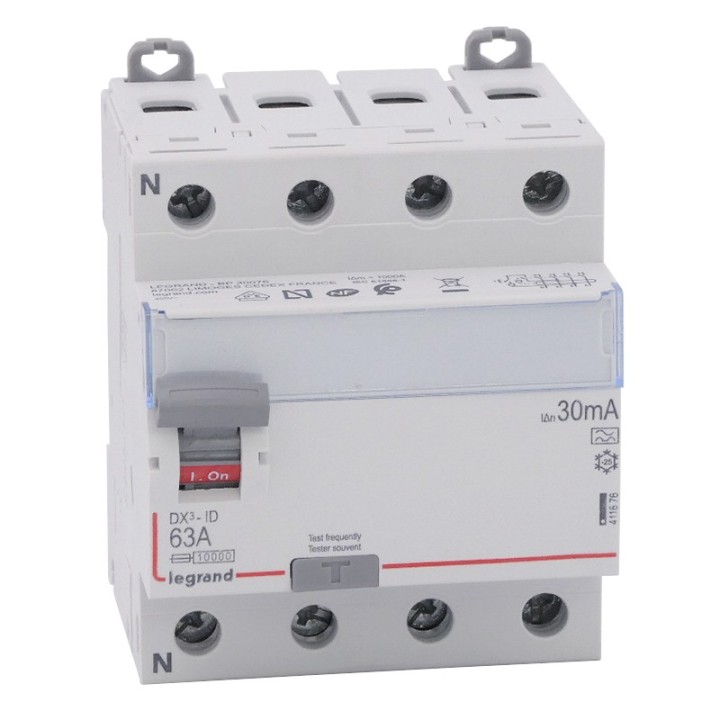 Legrand - Inter diff DX³-ID - vis/vis - 4P - 400V~ - 63A - type A - 30mA - départ bas - 4M - Réf : 411676