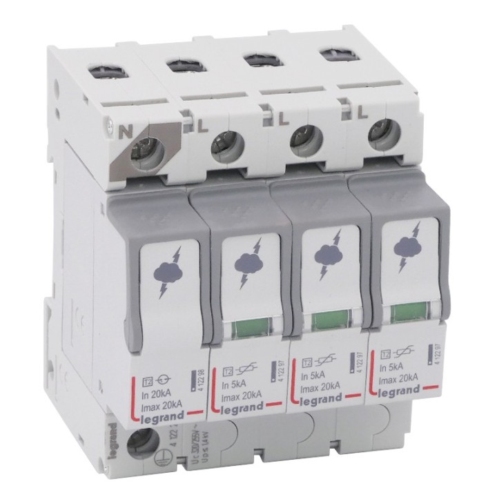 Legrand - Parafoudre basse tension T2- Imax 20 kA/pôle- 3P+N- 320 VA- 4 modules - Réf : 412225
