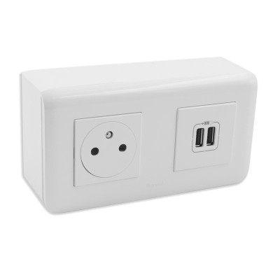 Legrand Mosaic - Prise de courant + chargeur 2 USB Complet + cadre saillie - Réf : 200019