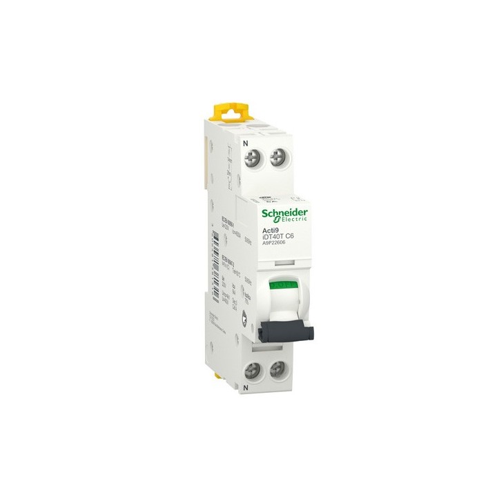 Schneider - Acti9 iDT40T - disjoncteur modulaire - 1P+N - 6A - courbe C - 4500A/6kA - Réf : A9P22606