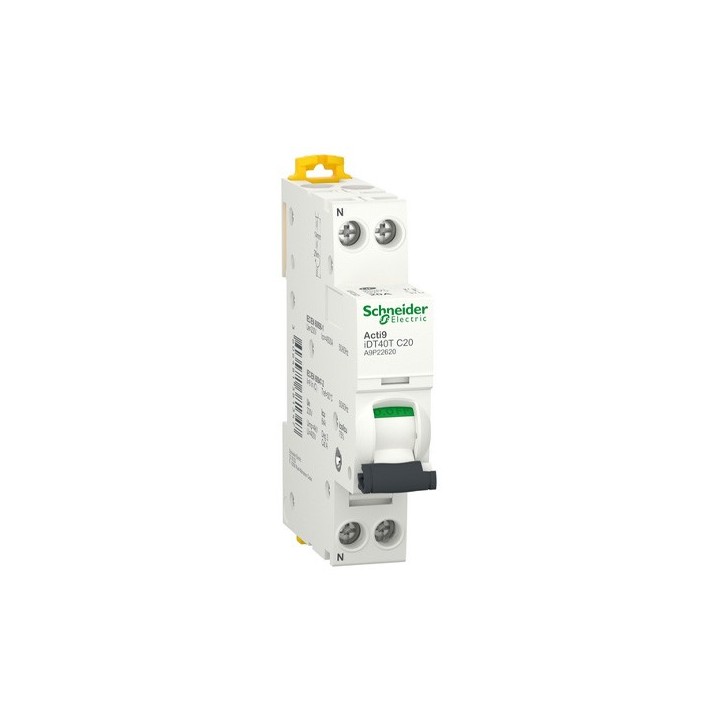 Schneider - Acti9 iDT40T - disjoncteur modulaire - 1P+N - 20A - courbe C - 4500A/6kA - Réf : A9P22620
