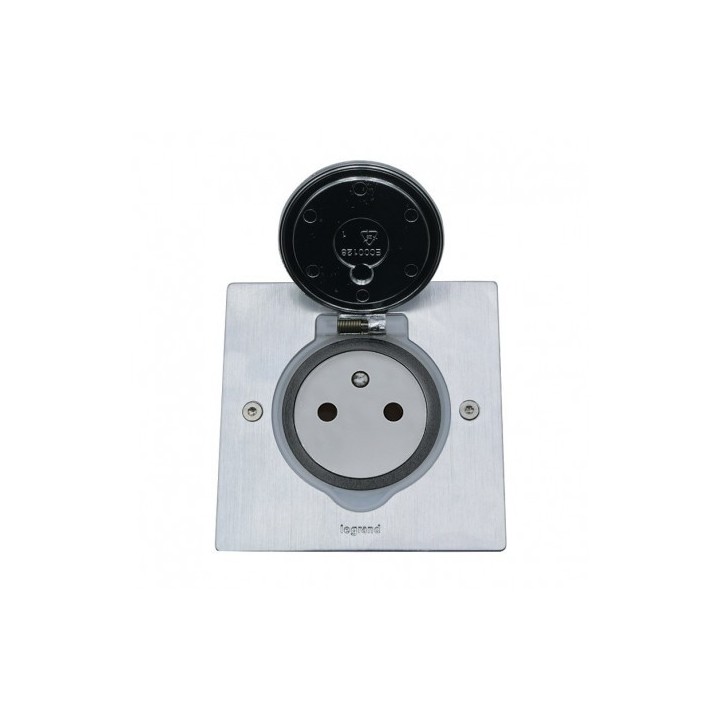 Legrand - Prise de sol simple 2P+T Standard 16A 250V avec platine carrée - inox brossé - Réf : 089760