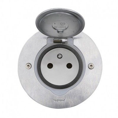 Legrand - Prise de sol simple 2P+T Standard 16A 250V avec platine ronde - inox brossé - Réf : 089770