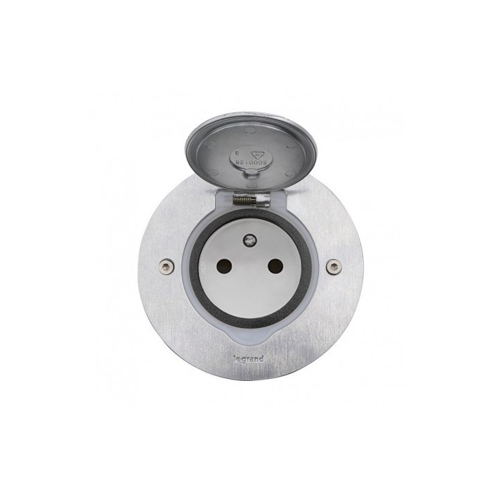 Legrand - Prise de sol simple 2P+T Standard 16A 250V avec platine ronde - inox brossé - Réf : 089770
