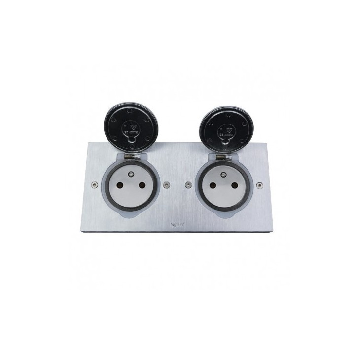 Legrand - Prise de sol double 2P+T Standard 16A 250V avec platine rectangulaire - inox brossé - Réf : 089768