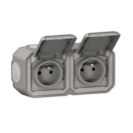 Legrand - Double prise de courant précâblée 2x2 P+T horizontale étanche plexo complet saillie - gris - Réf : 069768L