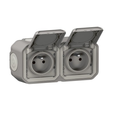 Legrand - Double prise de courant précâblée 2x2 P+T horizontale étanche plexo complet saillie - gris - Réf : 069768L