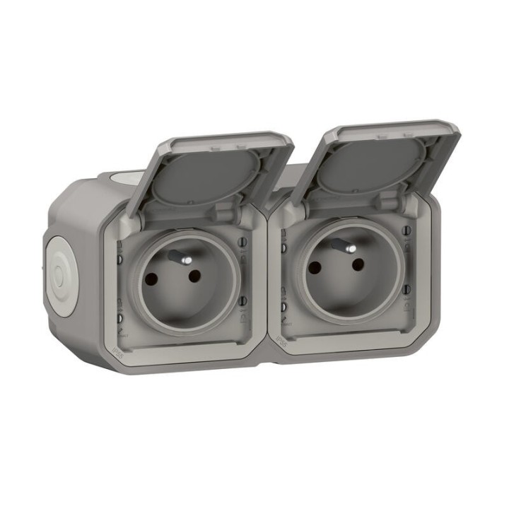 Legrand - Double prise de courant précâblée 2x2 P+T horizontale étanche plexo complet saillie - gris - Réf : 069768L