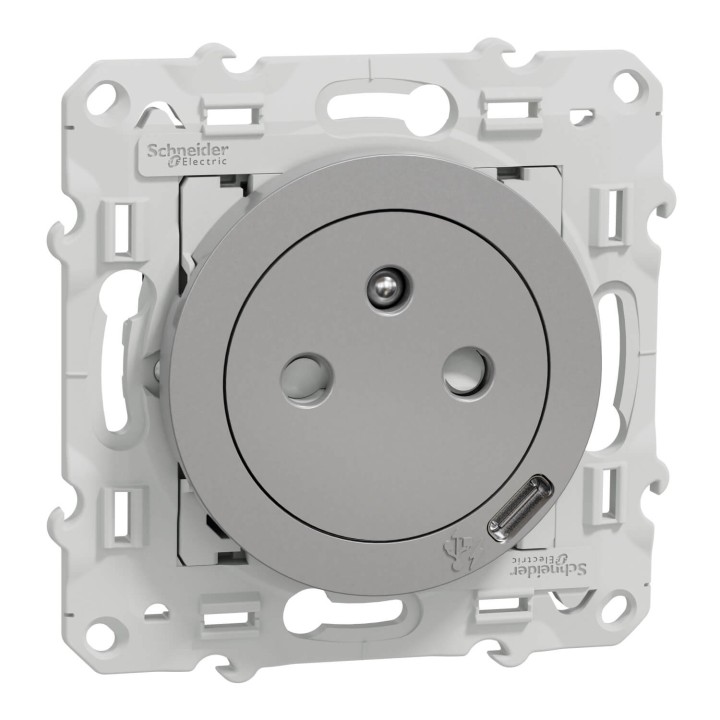Schneider Odace - Prise de courant 2P+T Affleurante + USB - Aluminium - connexion rapide - Réf : S530089