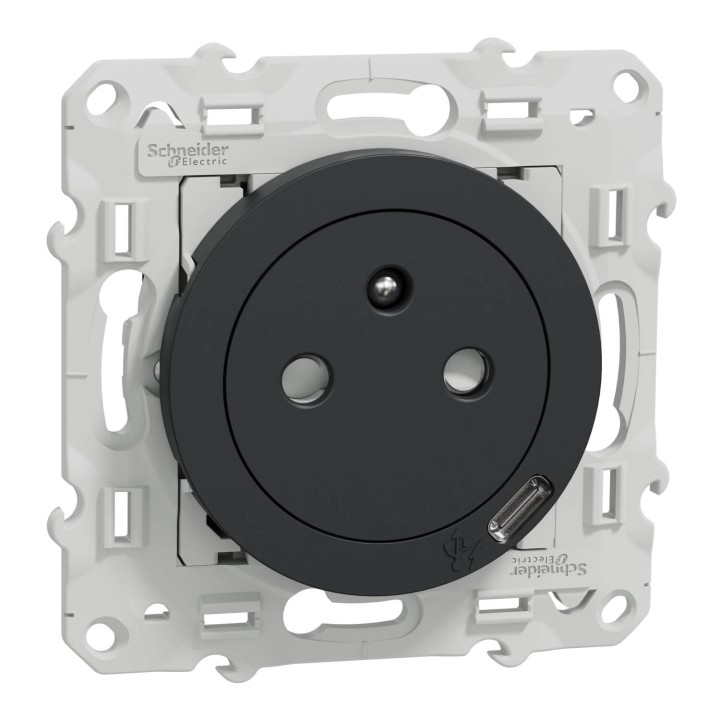 Schneider Odace - Prise de courant 2P+T Affleurante + USB - Anthracite - connexion rapide - Réf : S540089