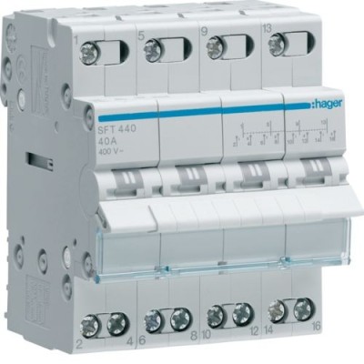 Hager - Inverseur modulaire 4 pôles 40A, point commun amont, I-0-II - Réf : SFT440