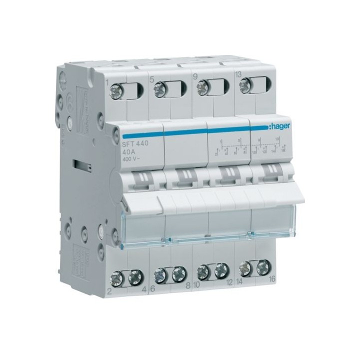Hager - Inverseur modulaire 4 pôles 40A, point commun amont, I-0-II - Réf : SFT440