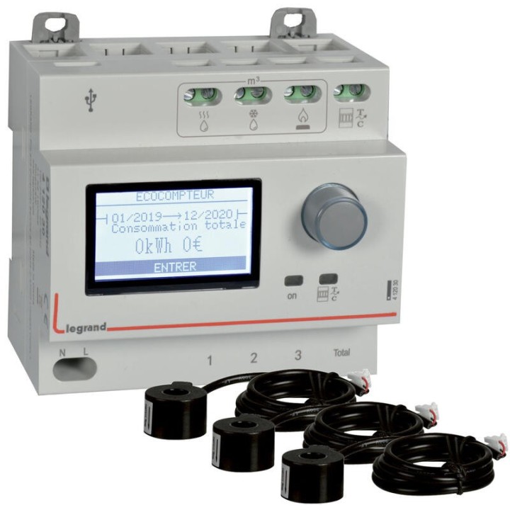 Legrand - Pack Ecocompteur modulaire standard composé d'un écocompteur 412030 et de 3 tores fermés 60A 412008 - Réf : 412031