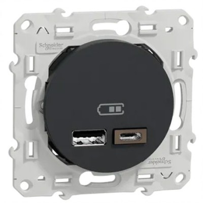 Schneider Odace - Chargeur Double USB type A+C - 2,4A - Anthracite - Réf : S540401