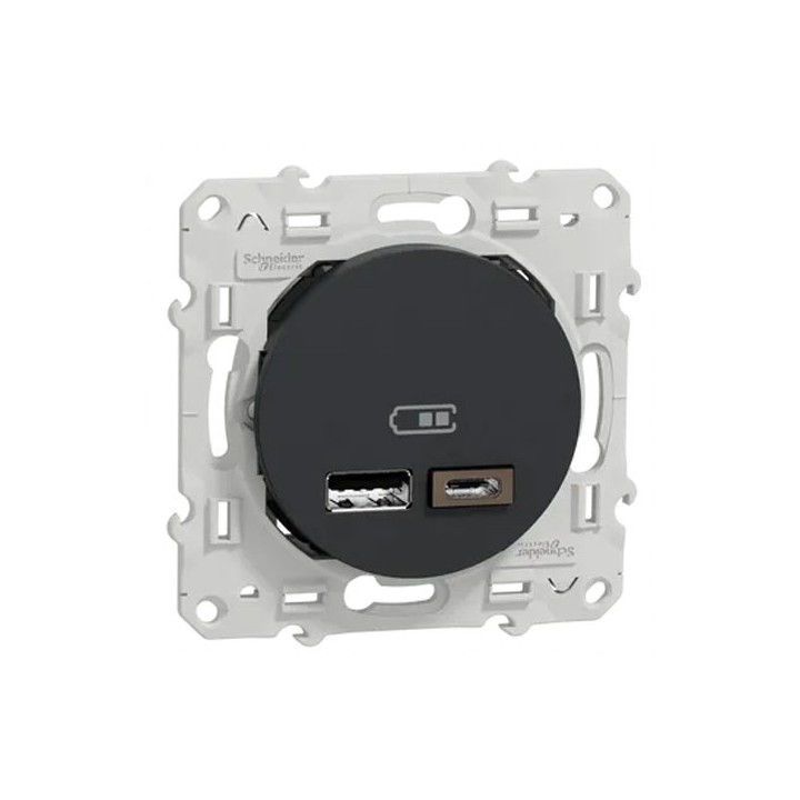 Schneider Odace - Chargeur Double USB type A+C - 2,4A - Anthracite - Réf : S540401