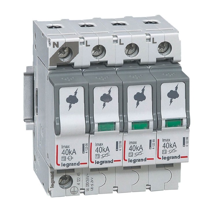 Legrand - Parafoudre basse tension typeT2 Imax 40kA/pôle - 3P+N 320V~ - 4 modules - Réf : 412245