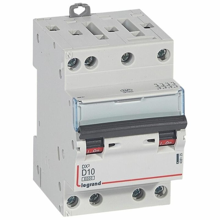 Legrand - Disjoncteur DX³6000 10kA arrivée haute et départ bas à vis 4P 400~ - 10A - courbe D - Réf : 408125