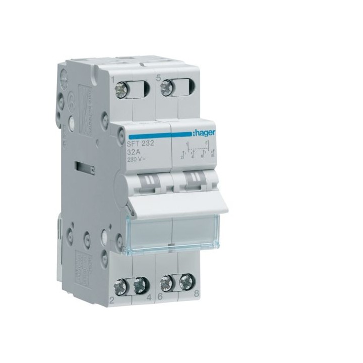 Hager - Inverseur modulaire 2 pôles 32A, point commun amont, I-0-II - Réf : SFT232