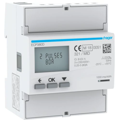 Hager - Compteur d'énergie triphasé direct 80A 4M S0 MID - Réf : ECP380D