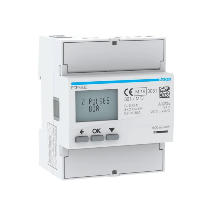 Hager - Compteur d'énergie triphasé direct 80A 4M S0 MID - Réf : ECP380D