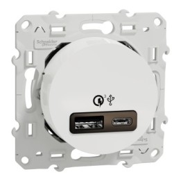Schneider Odace - Prise USB double - Charge rapide - Type A+C - Blanc - 18W - 3,4A - Réf : S520219