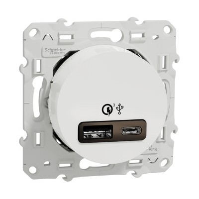 Schneider Odace - Prise USB double - Charge rapide - Type A+C - Blanc - 18W - 3,4A - Réf : S520219
