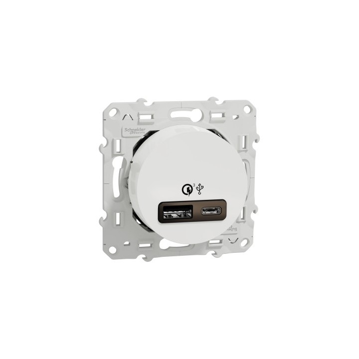 Schneider Odace - Prise USB double - Charge rapide - Type A+C - Blanc - 18W - 3,4A - Réf : S520219