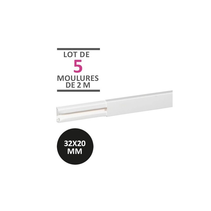 Legrand - Lot de 10 mètres - 5 moulures DLPlus 32x20mm 1 compartiment longueur 2,1m - blanc - Réf : 030017