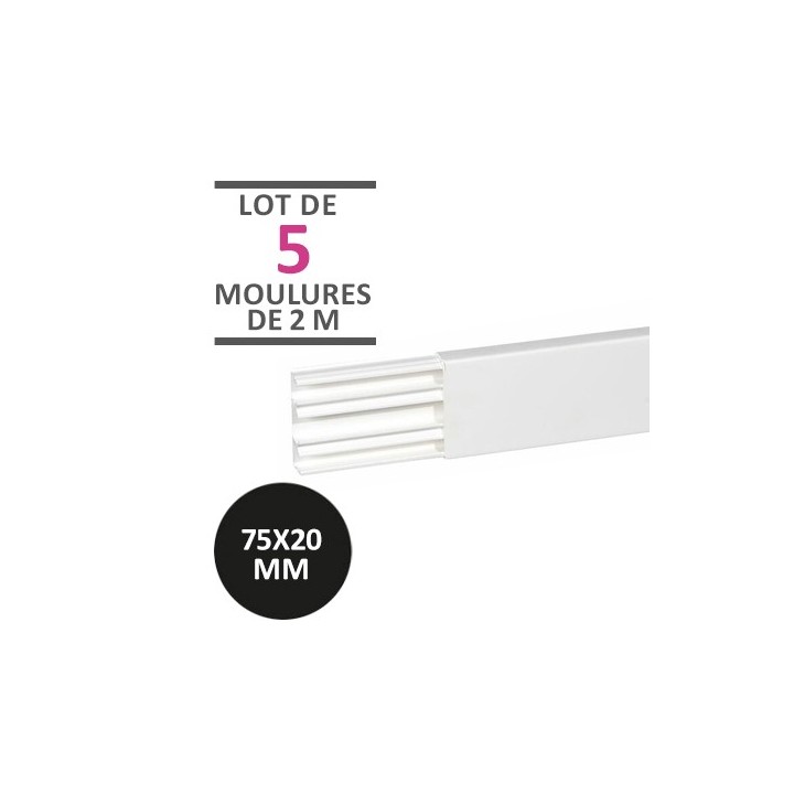 Legrand - Lot de 10 mètres - 5 moulures DLPlus 75x20mm 3 compartiments longueur 2,1m - blanc - Réf : 030033