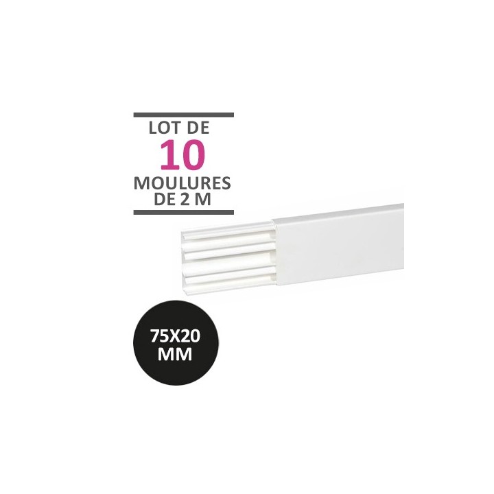 Legrand - Carton de 20 mètres - 10 moulures DLPlus 75x20mm 3 compartiments longueur 2,1m - blanc - Réf : 030033