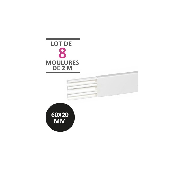 Legrand - Lot de 16 mètres - 8 moulures DLPlus 60x20mm 3 compartiments longueur 2,1m - blanc - Réf : 030114