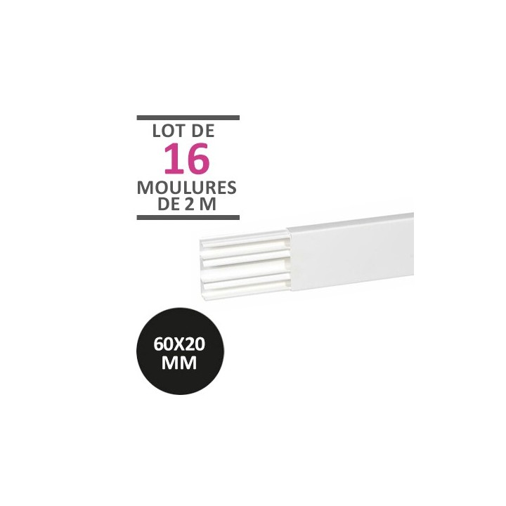 Legrand - Carton de 32 mètres - 16 moulures DLPlus 60x20mm 3 compartiments longueur 2,1m - blanc - Réf : 030114