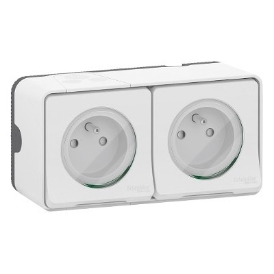 Schneider Electric - Mureva Styl - Double prise 2P+T précâblée horiz - saillie - IP55 - IK08 - blanc - Réf : MUR36027